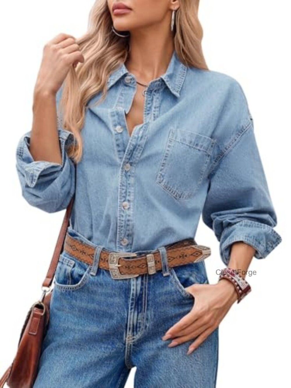 Oversized Denim Shirt Jacket Cotton Long Sleeve Button Down - Picture 3 of 6
